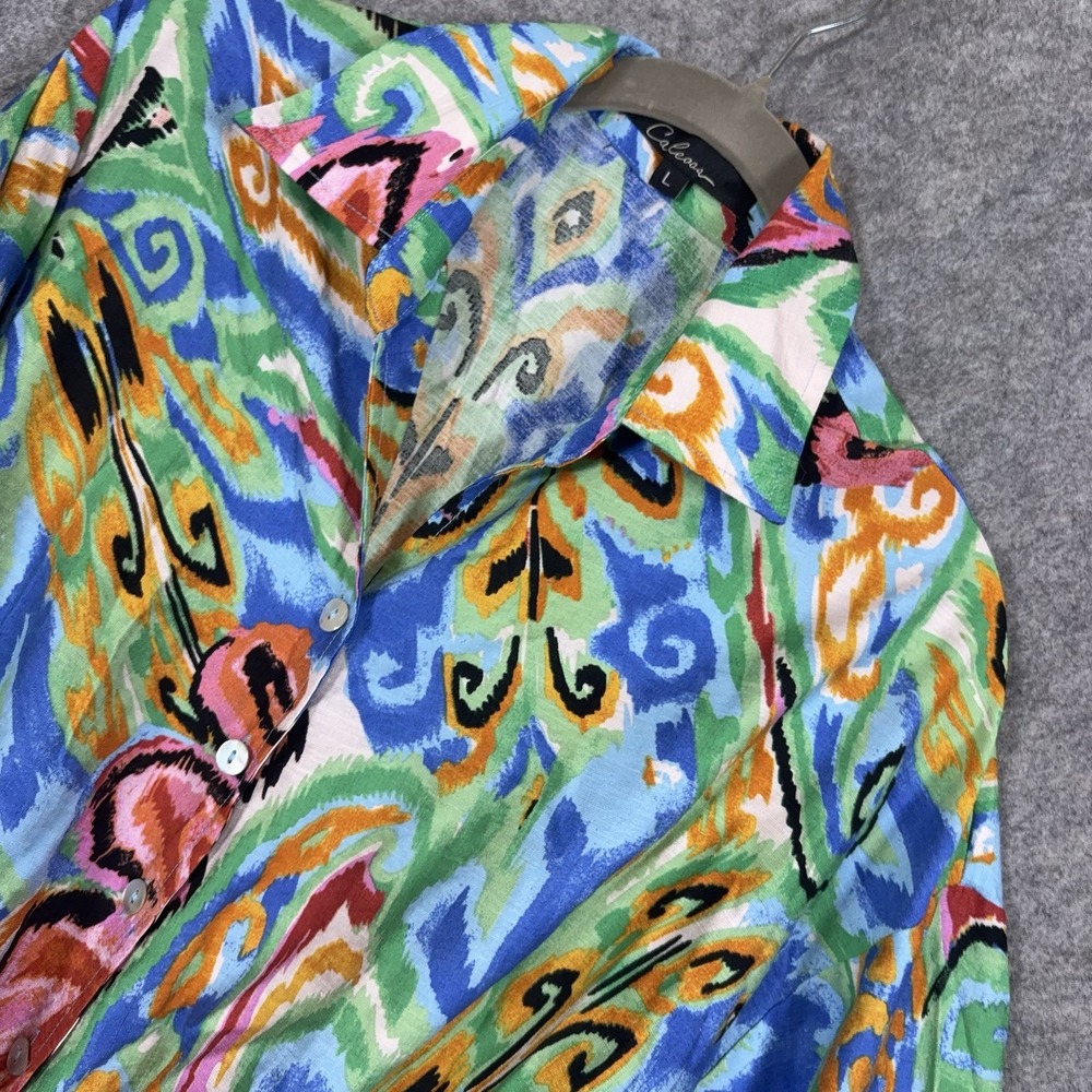 Calessa Blouse Top Womens Sz L Multicolor Abstract Art Tie Waist Roll Tab Sleeve